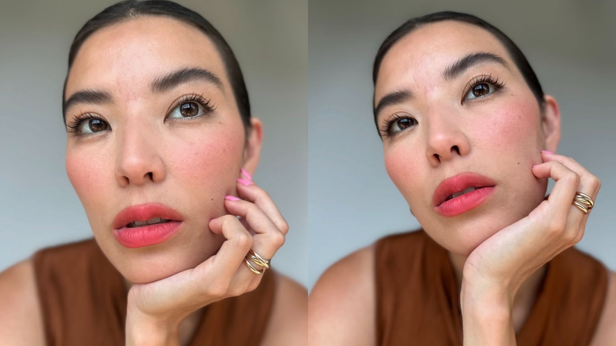 Two selfies of a woman posing with her head resting in her hand.