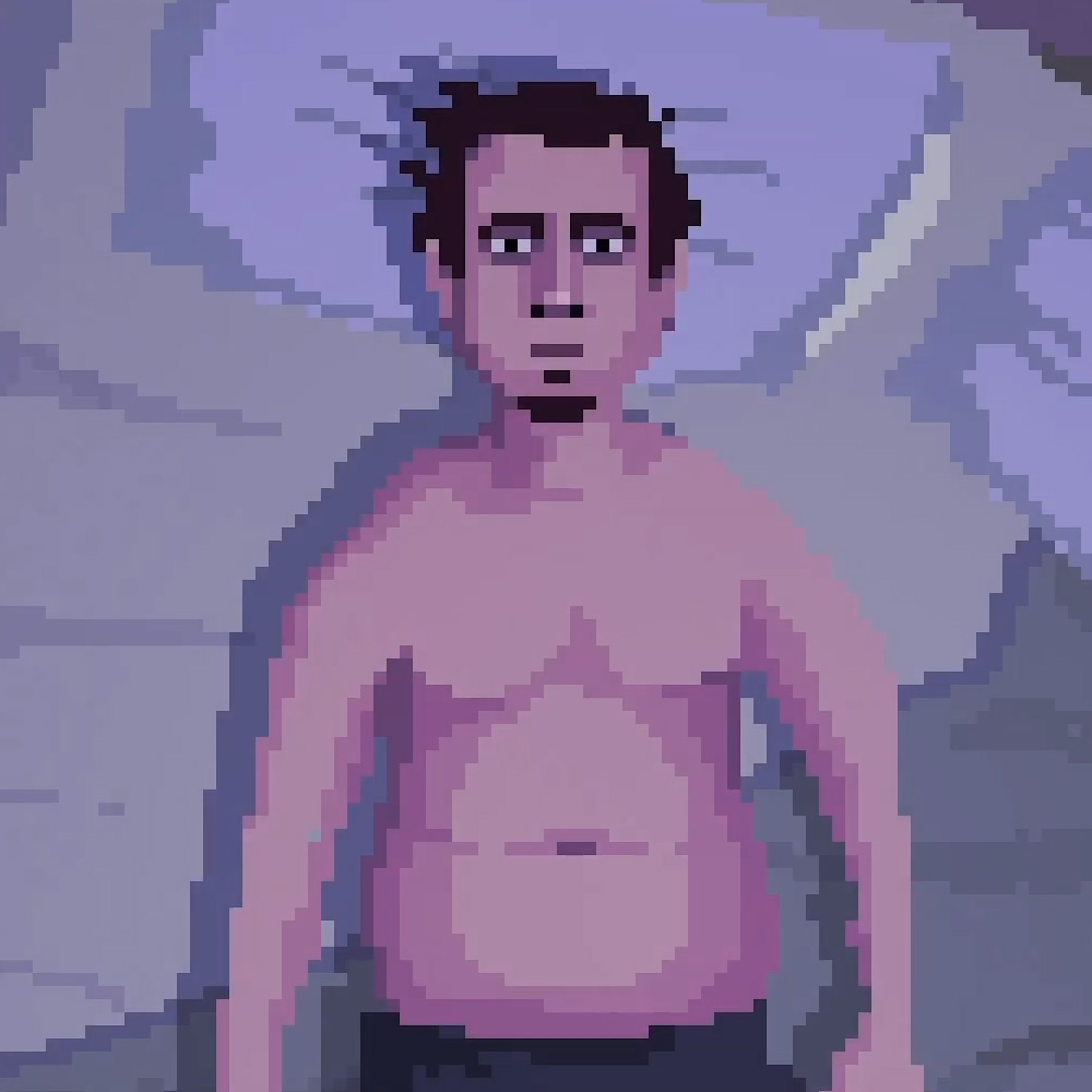 Man laying shirtless on the bed looking depressed