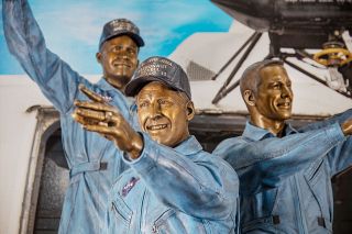 The Apollo 13 statue at Space Center Houston depicts Jim Lovanniversarell (at center), Fred Haise (at left) and Jack Swigert at the moment of their recovery after the ill-fated mission.