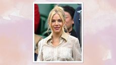 Sienna Miller is seen with a tousled updo whilst attending Centre Court on day nine of the Wimbledon Tennis Championships at the All England Lawn Tennis and Croquet Club on July 09, 2024 in London, England/ in a pink and purple watercolour paint-like template