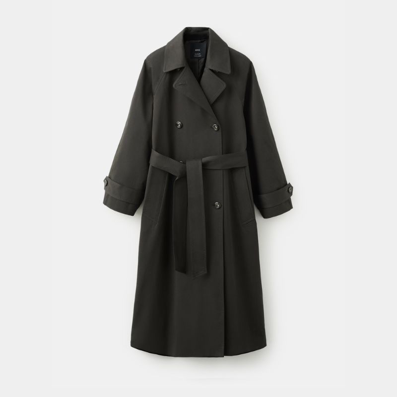 A cutout of a chocolate brown Mango trench coat