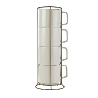 A set of white mugs in a rack
