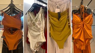 four zara swimsuits on hangers in the store