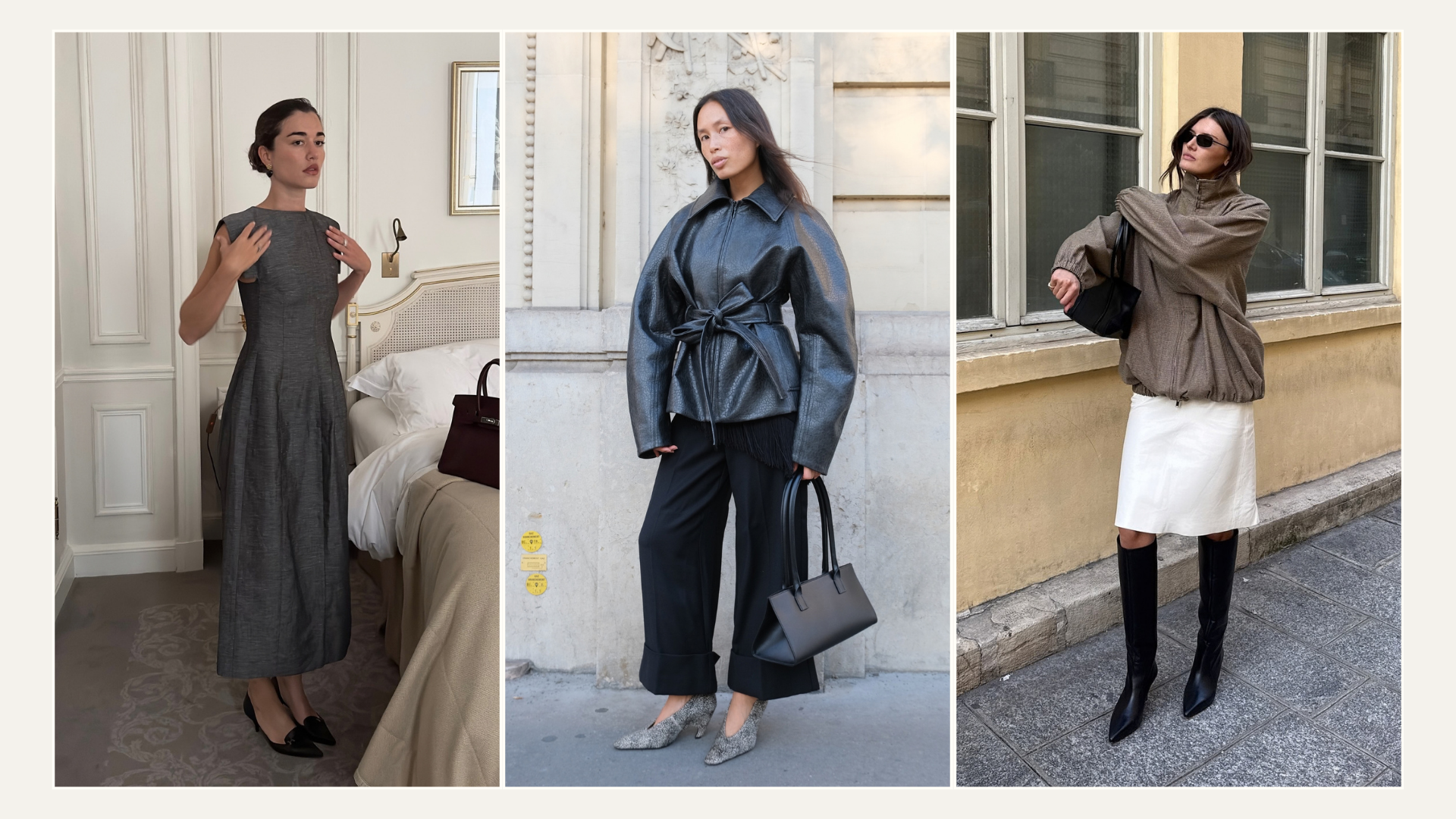 Three images of influencers in Paris wearing autumn outfits, including a sleek grey dress, a leather waisted jacket with wide-leg trousers and a beige jacket with a white skirt and knee-high boots.