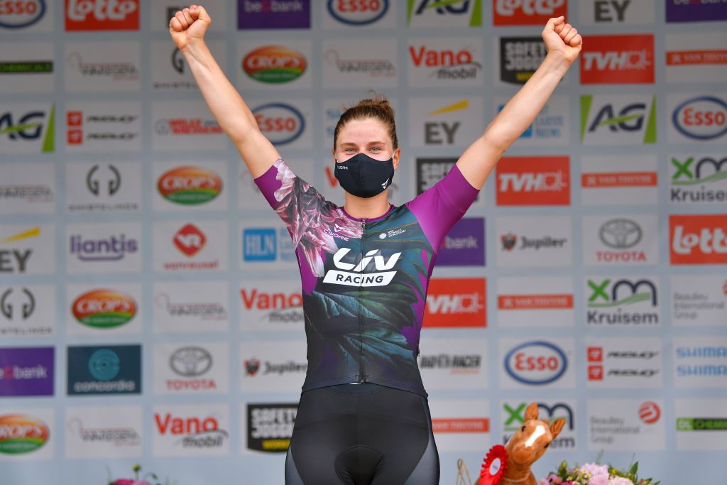 WAREGEM BELGIUM JUNE 20 Lotte Kopecky of Belgium celebrates at podium during the 122th Belgian Road Championship 2021 Womens Road Race a 1224km one day race from Waregem to Waregem BELCycling belgiancycling on June 20 2021 in Waregem Belgium Photo by Luc ClaessenGetty Images