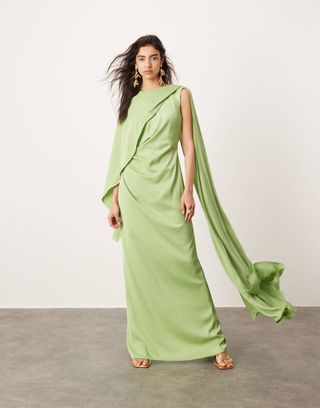 Asos Edition Satin Drape Detail Maxi Dress With Ruched Waist in Sage