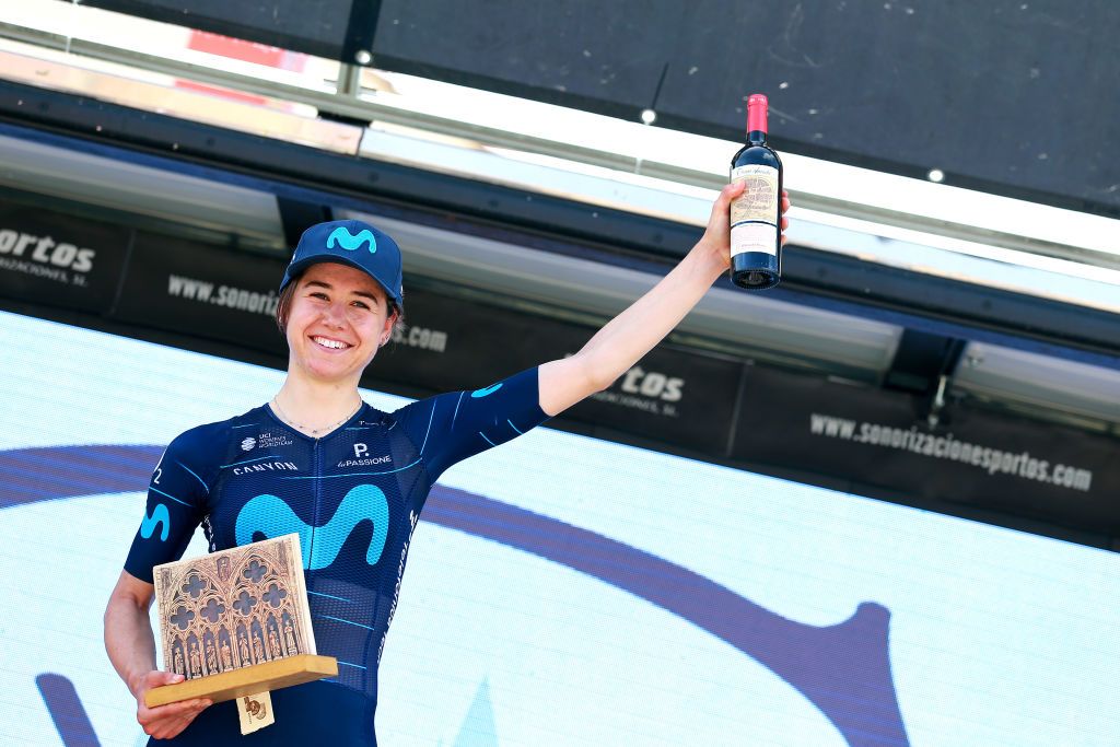 ARANDA DE DUERO SPAIN MAY 19 Sara Martin Martin of Spain and Movistar Team celebrates on the podium ceremony after the 7th Vuelta a Burgos Feminas 2022 Stage 1 a 1219km stage from Pedrosa del Prncipe to Aranda de Duero VueltaBurgos BurgosFem on May 19 2022 in Aranda de Duero Spain Photo by Gonzalo Arroyo MorenoGetty Images