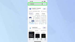 DeepSeek typed in App store search bar 