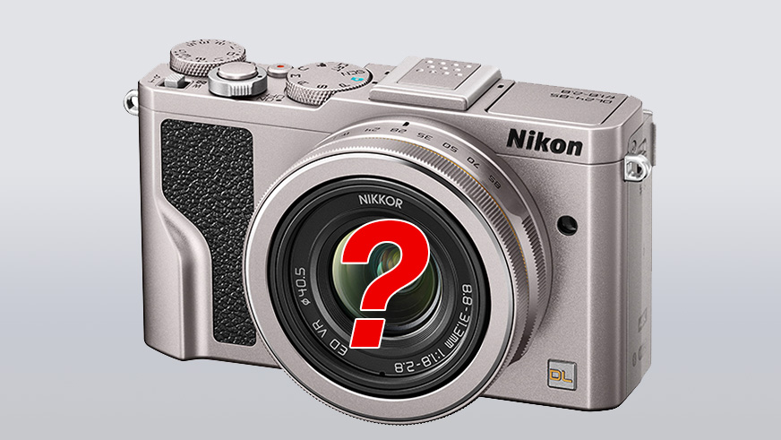 Nikon DL product image with red question mark in front of camera