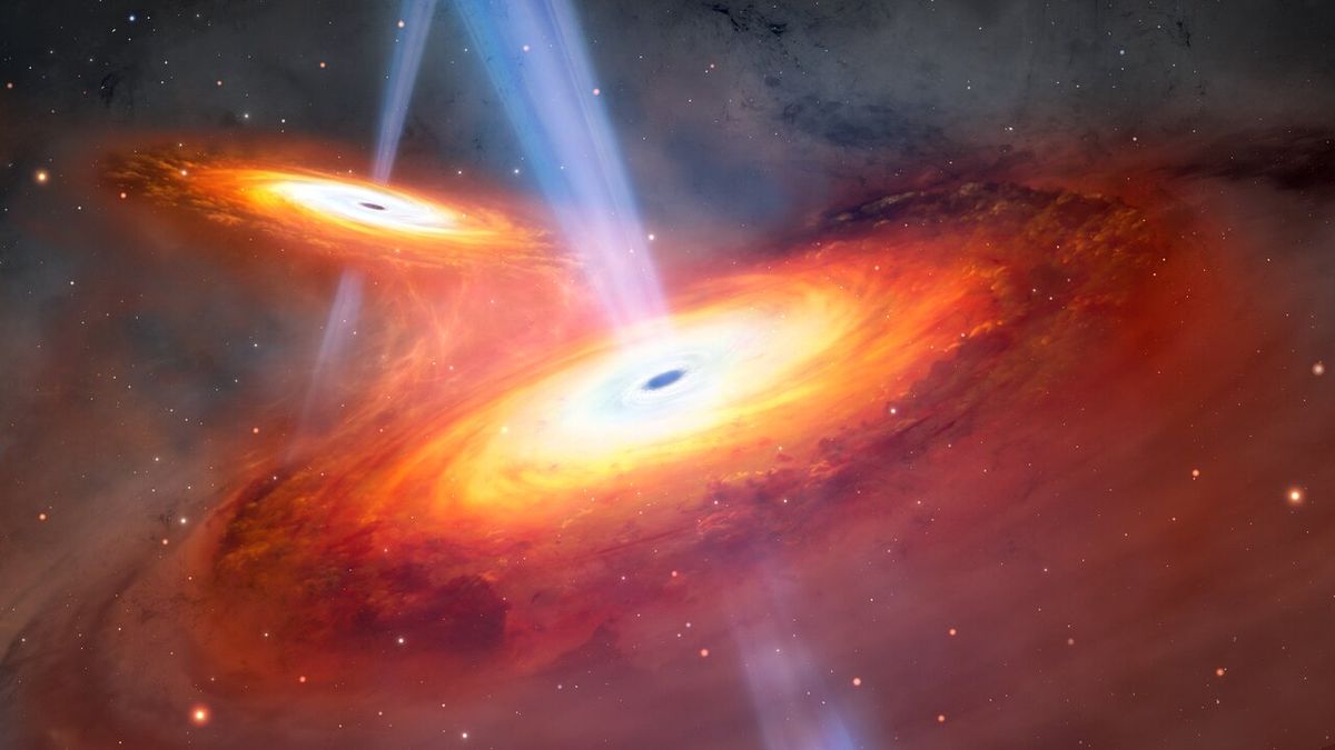 Esta ilustración muestra dos cuásares en proceso de fusión. Utilizando tanto el telescopio Gemini Norte como el telescopio Subaru, un equipo de astrónomos ha descubierto un par de cuásares en fusión vistos tan solo 900 millones de años después del Big Bang. No solo se trata del par de cuásares en fusión más distante jamás descubierto, sino también del primer par confirmado hallado en el período del universo conocido como amanecer cósmico.