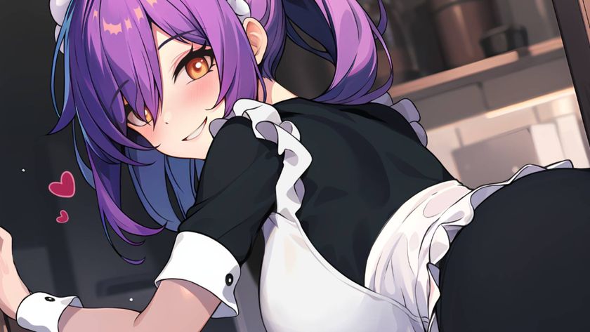 Screenshot from the puzzle game &quot;Hentai Girls,&quot; showing a girl with purple hair in a maid outfit.