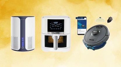 Walmart home appliances including a white air purifier, white single drawer airfryer and round gray robot Shark vacuum on a yellow background fading left to right