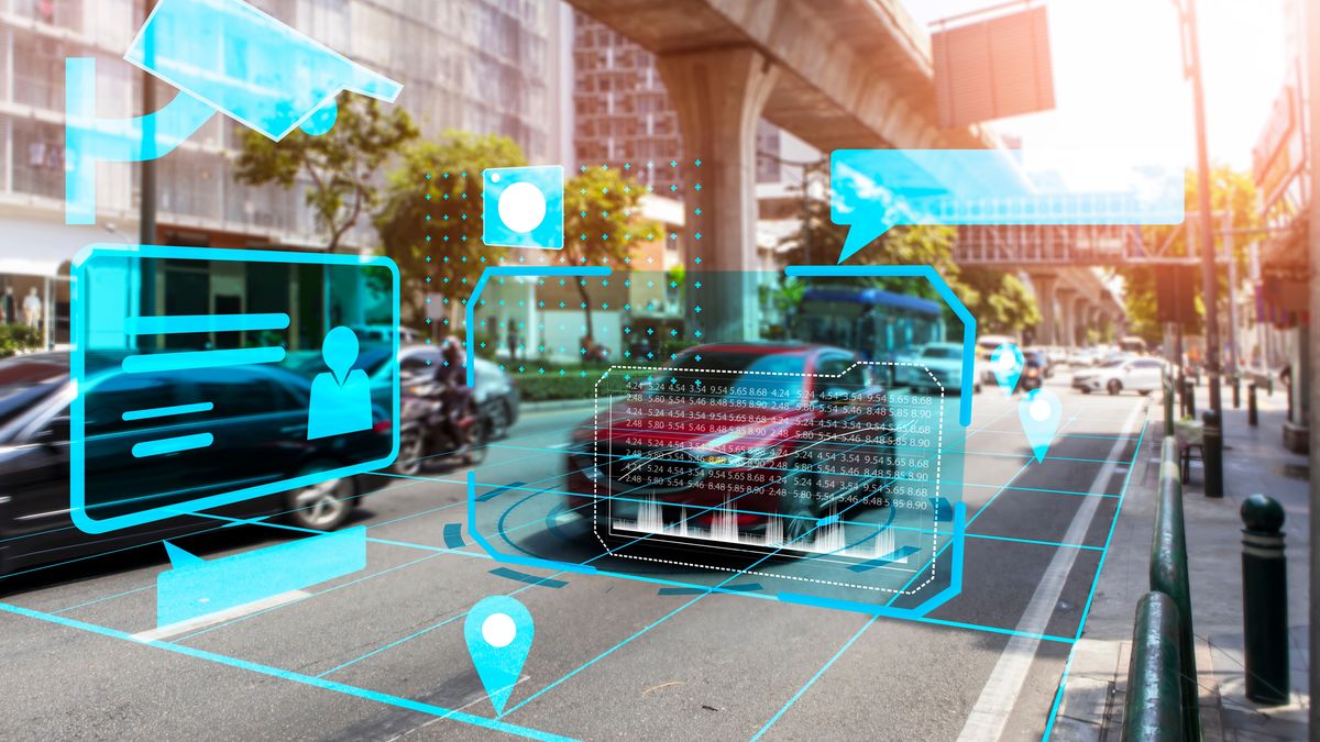 Cars on the road with blue overlay indicating what data may be contained about the drivers within