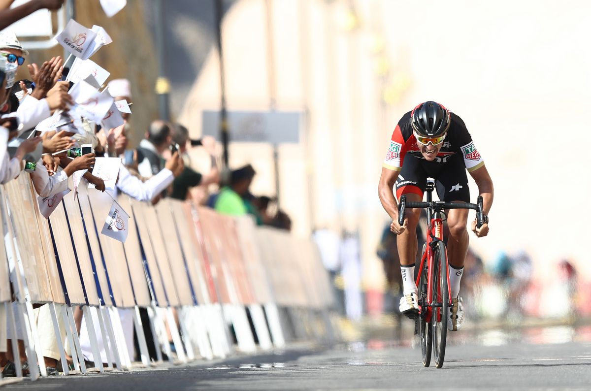 Greg Van Avermaet (BMC) in the drops as he sprints to the line