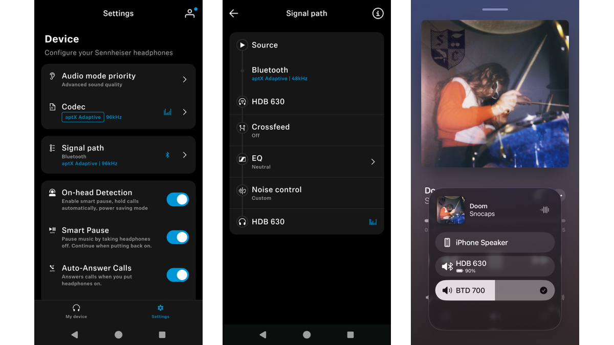 Smartphone screenshots showing Sennheiser app settings