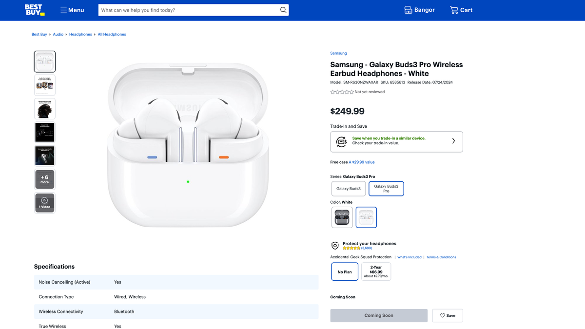 Best Buy's store page for the Galaxy Buds 3 Pro, showing a Coming Soon label