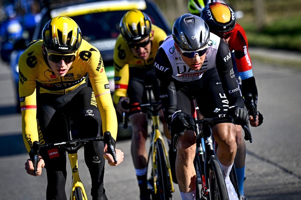 Belgian Nathan Van Hooydonck of JumboVisma Belgian Tiesj Benoot of JumboVisma and Belgian Tim Wellens of UAE Team Emirates pictured in action during the KuurneBrusselsKuurne one day cycling race 193 km from Kuurne to Kuurne via Brussels Saturday 25 February 2023 BELGA PHOTO JASPER JACOBS Photo by JASPER JACOBS BELGA MAG Belga via AFP Photo by JASPER JACOBSBELGA MAGAFP via Getty Images