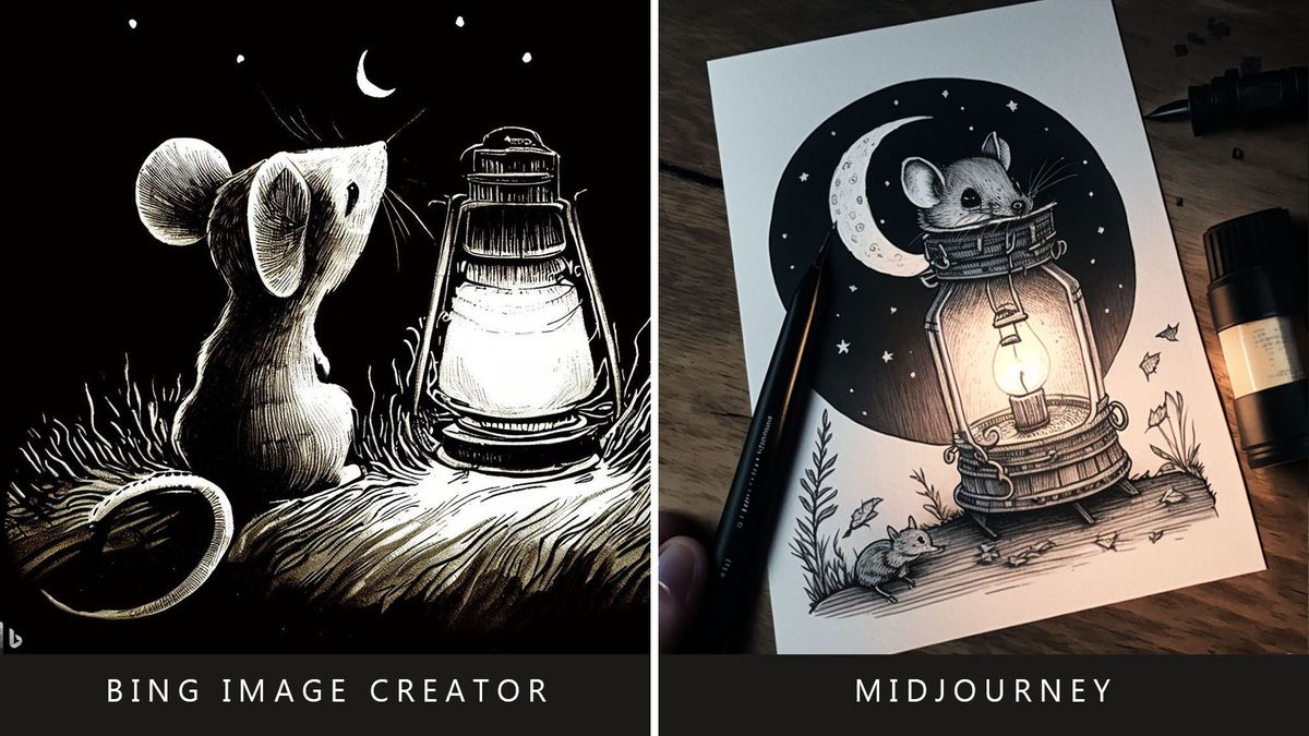 Bing Image Creator vs Midjourney prompt: Little mouse ink drawing.