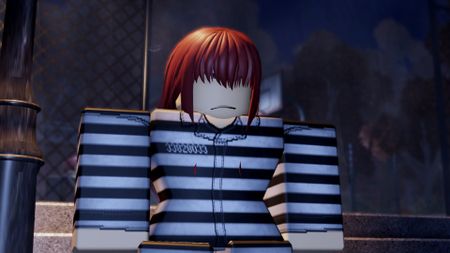 A red-haired female inmate looks unhappy in Komorebi Prison on Roblox.