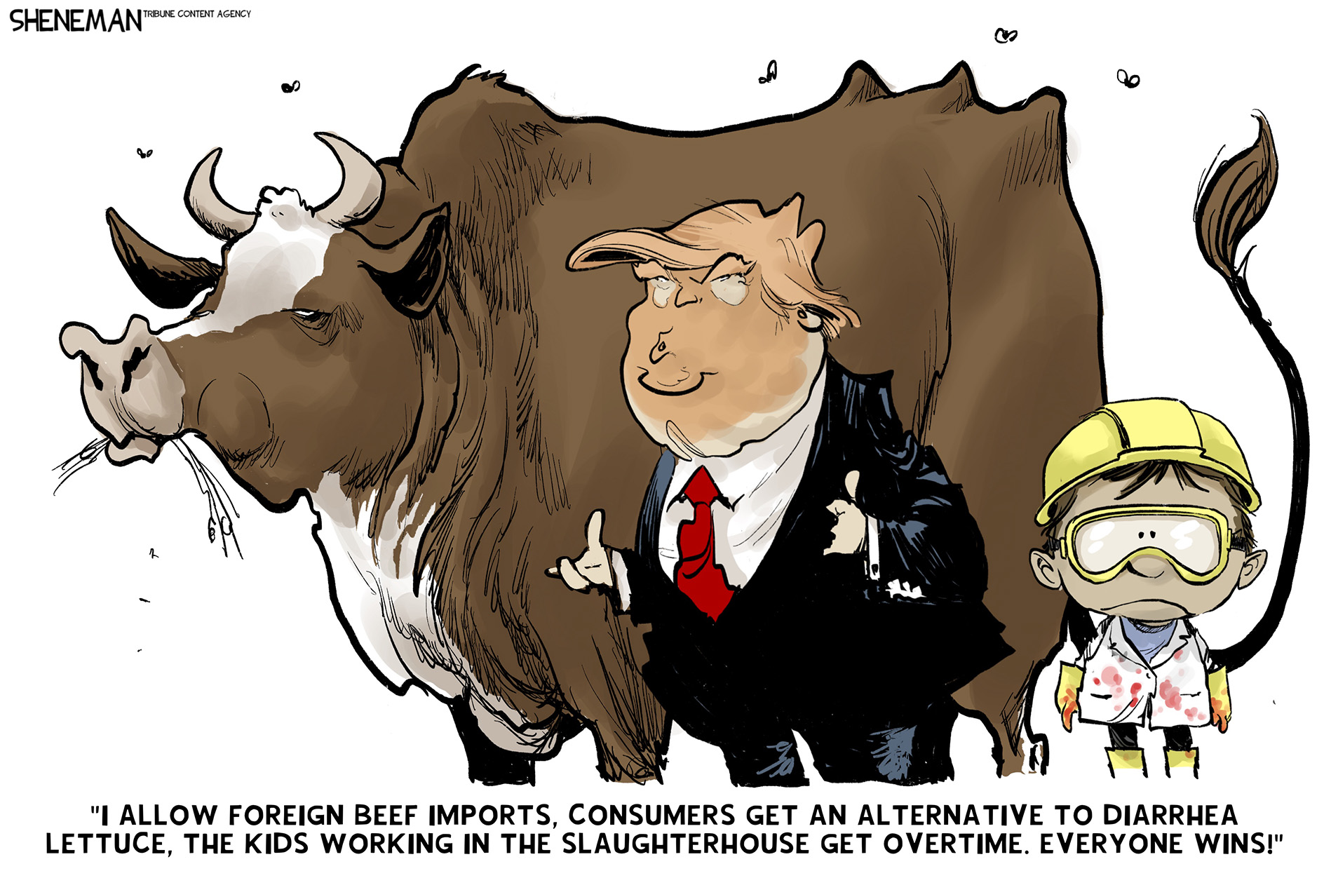 Donald Trump stands next to a bull and a young girl in a hardhat and goggles. He says, &amp;ldquo;I allow foreign beef imports, consumers get an alternative to diarrhea lettuce, the kids working in the slaughterhouse get overtime. Everyone wins!&amp;rdquo;