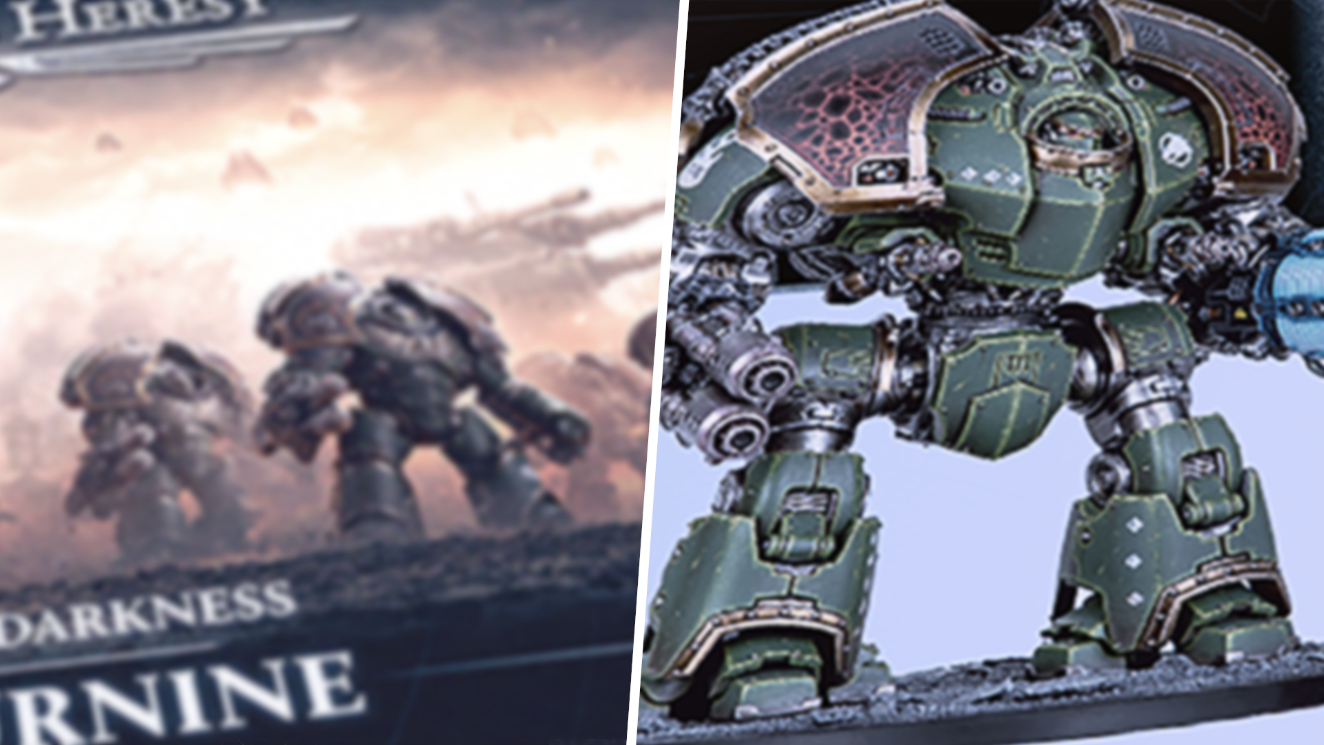 Leaked images of the new Horus Heresy edition&#039;s box alongside the new Dreadnought, divided by a white line
