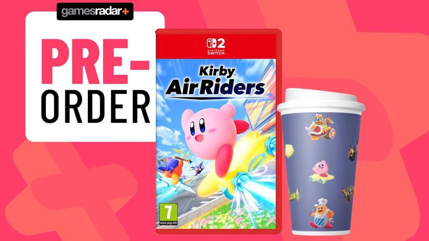 Image of the Switch 2 Kirby Air Riders box and a Kirby cup sitting on a pink GamesRadar+ background.