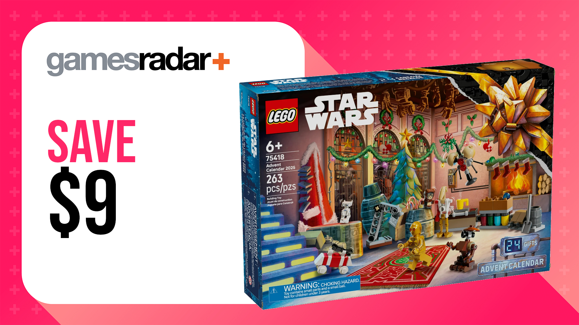 Lego Star Wars Advent Calendar against a pink background, with &quot;save $9&quot; on a white box with a GamesRadar+ logo