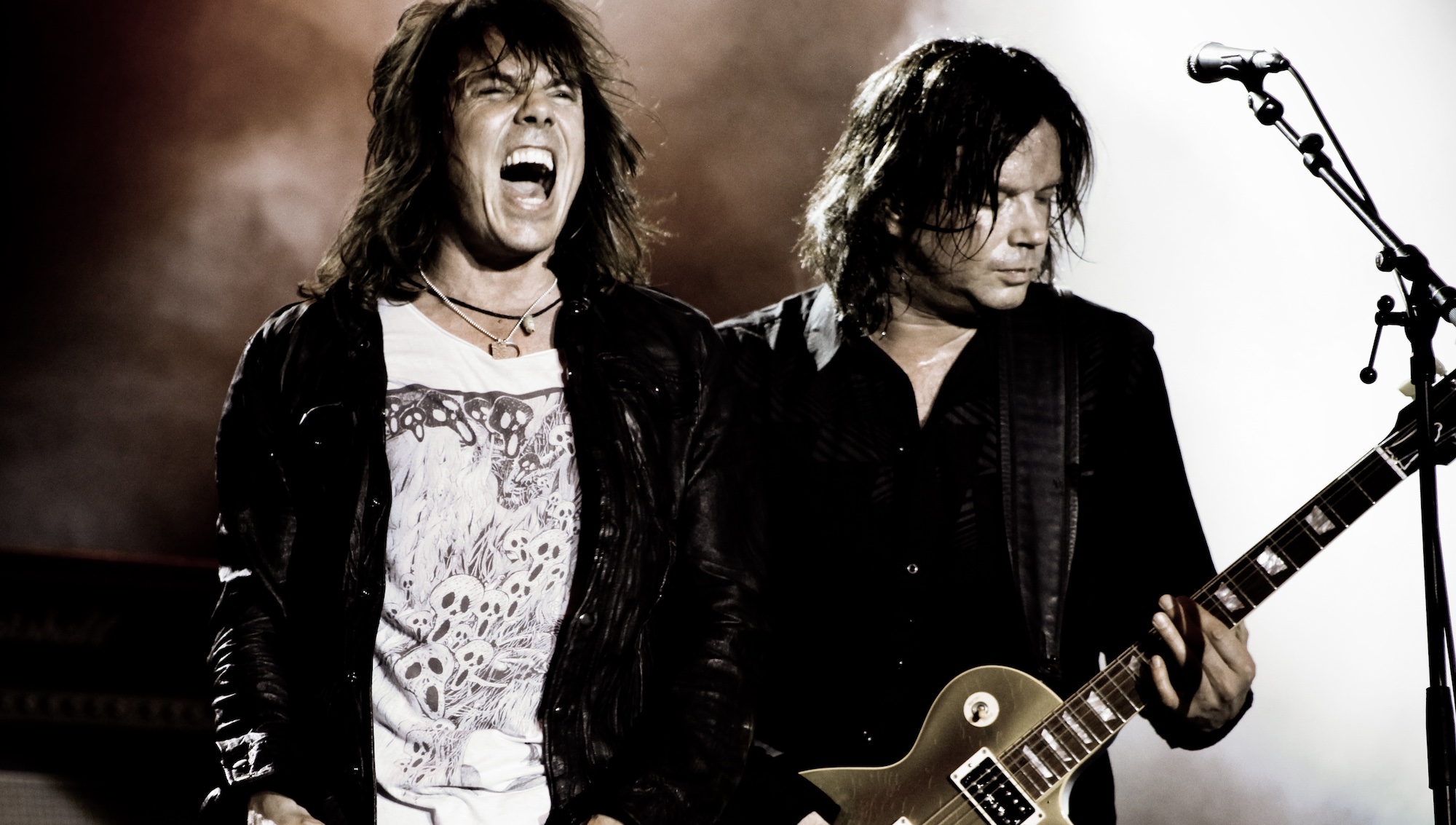 Europe's Joey Tempest (left) and John Norum perform onstage at the Bloodstock Open Air festival at Catton Hall in Derby, England on August 16, 2009