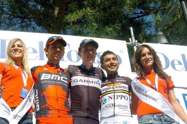Giro della Toscana podium (l-r): Mauro Santambrogio, Dan Martin and Miguel Rubiano.
