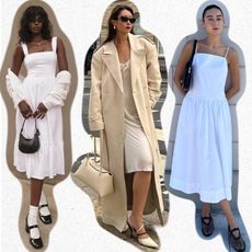 a collage of women wearing white dress outfits