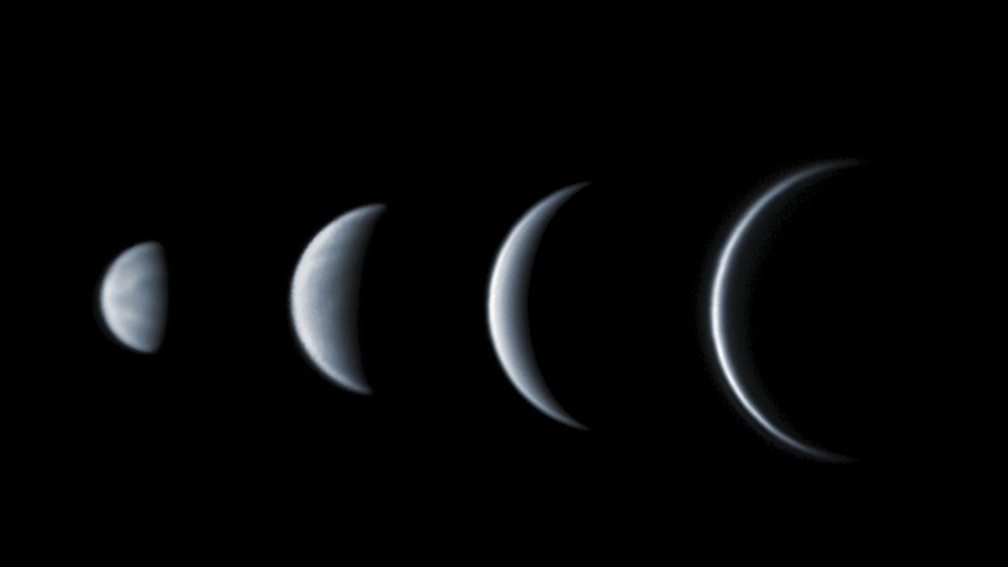 Venus This set of images taken in 2004 show the phases and relative size of Venus as seen from Earth as it moves around the Sun.