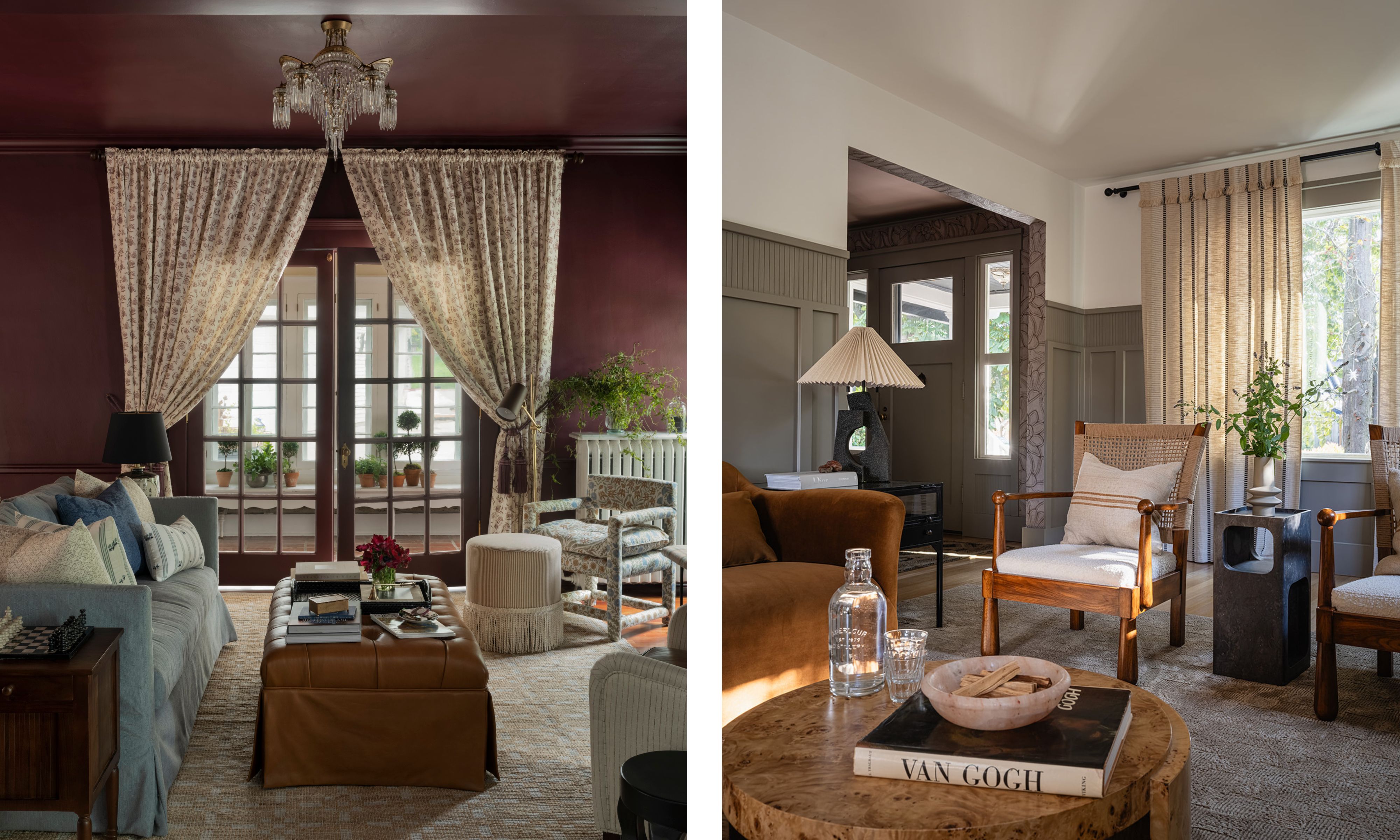 side by side living room images - purple cozy living room on the left with a neutral and gray living room on the right