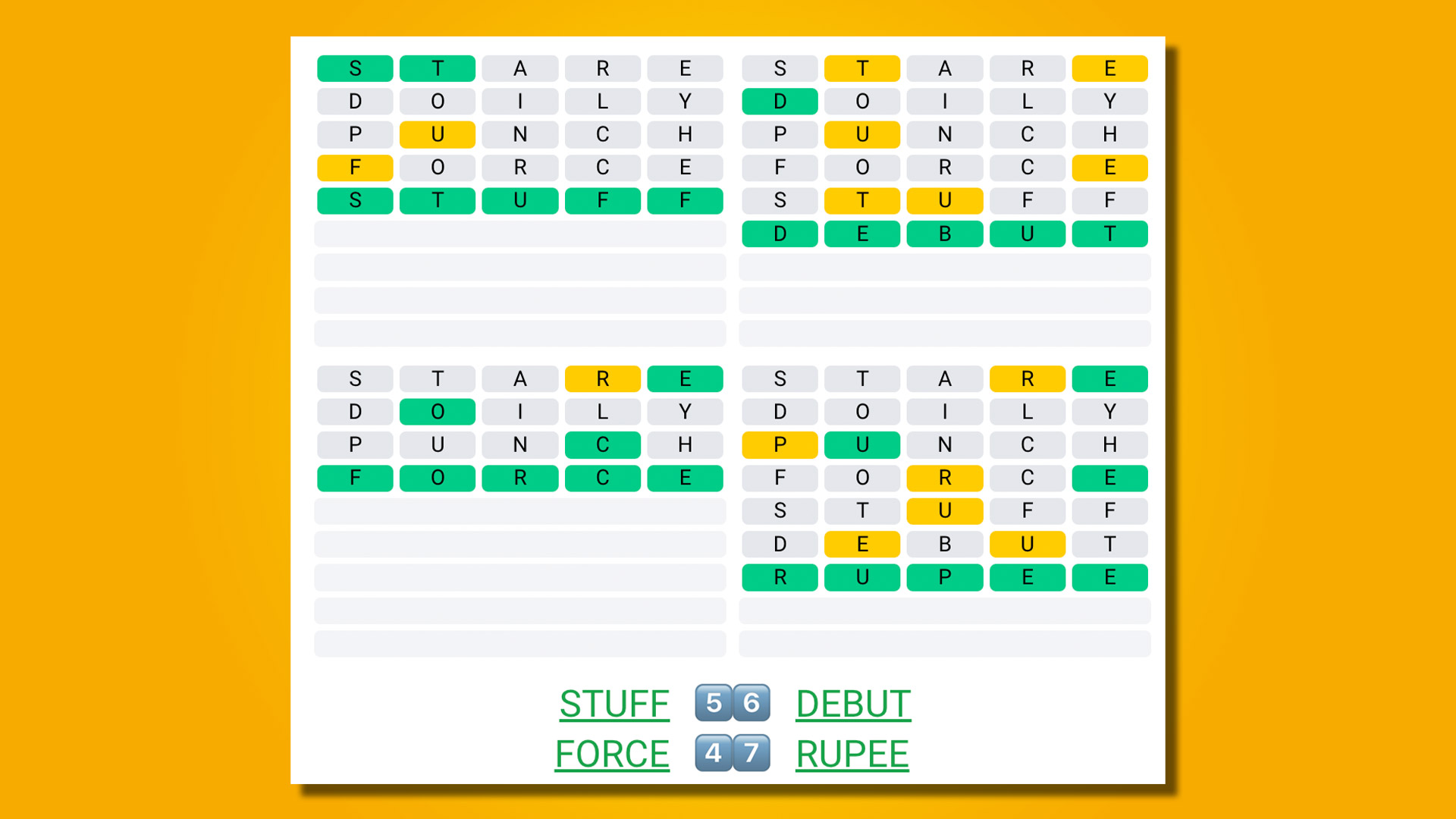 Quordle 417 answers on a yellow background