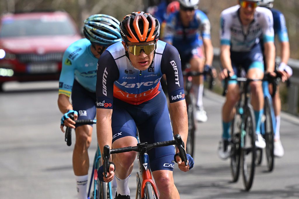 PORT AINE SPAIN MARCH 20 Christopher JuulJensen of Denmark and Team JaycoAlUla competes in the breakaway during the 103rd Volta Ciclista a Catalunya 2024 Stage 3 a 1767km stage from Sant Joan de les Abadesses to Port Aine 1967m UCIWT on March 20 2024 in Port Aine Spain Photo by David RamosGetty Images