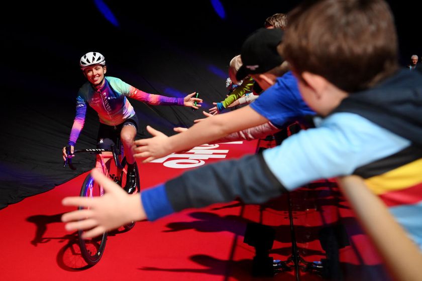 Kasia Niewiadoma greets fans in t &#039;Kuipke velodrome at the team presentation of the 2024 Omloop Het Nieuwsblad