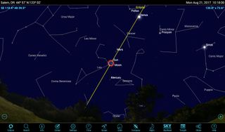 In Salem, Oregon, maximum totality will occur at 10:18 a.m. local time. The steeply tilted morning ecliptic (yellow line) will place Venus high to the eclipsed sun's upper right. Closer in, Mercury and Mars will bracket the sun. The bright stars Sirius, Procyon, Castor and Pollux will be arrayed to the right.
