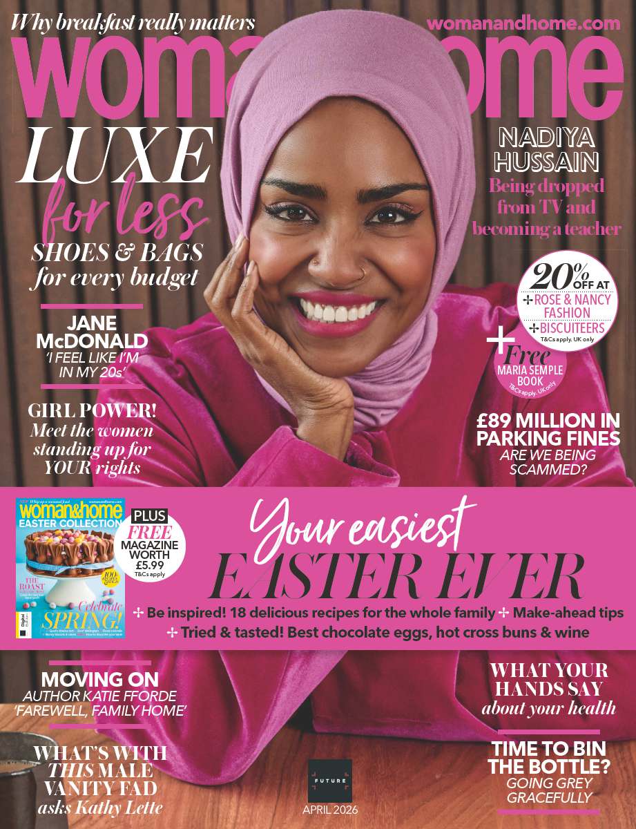The front cover of the April 2026 issue of woman&amp;amp;home magazine, featuring Nadiya Hussain wearing raspberry pink