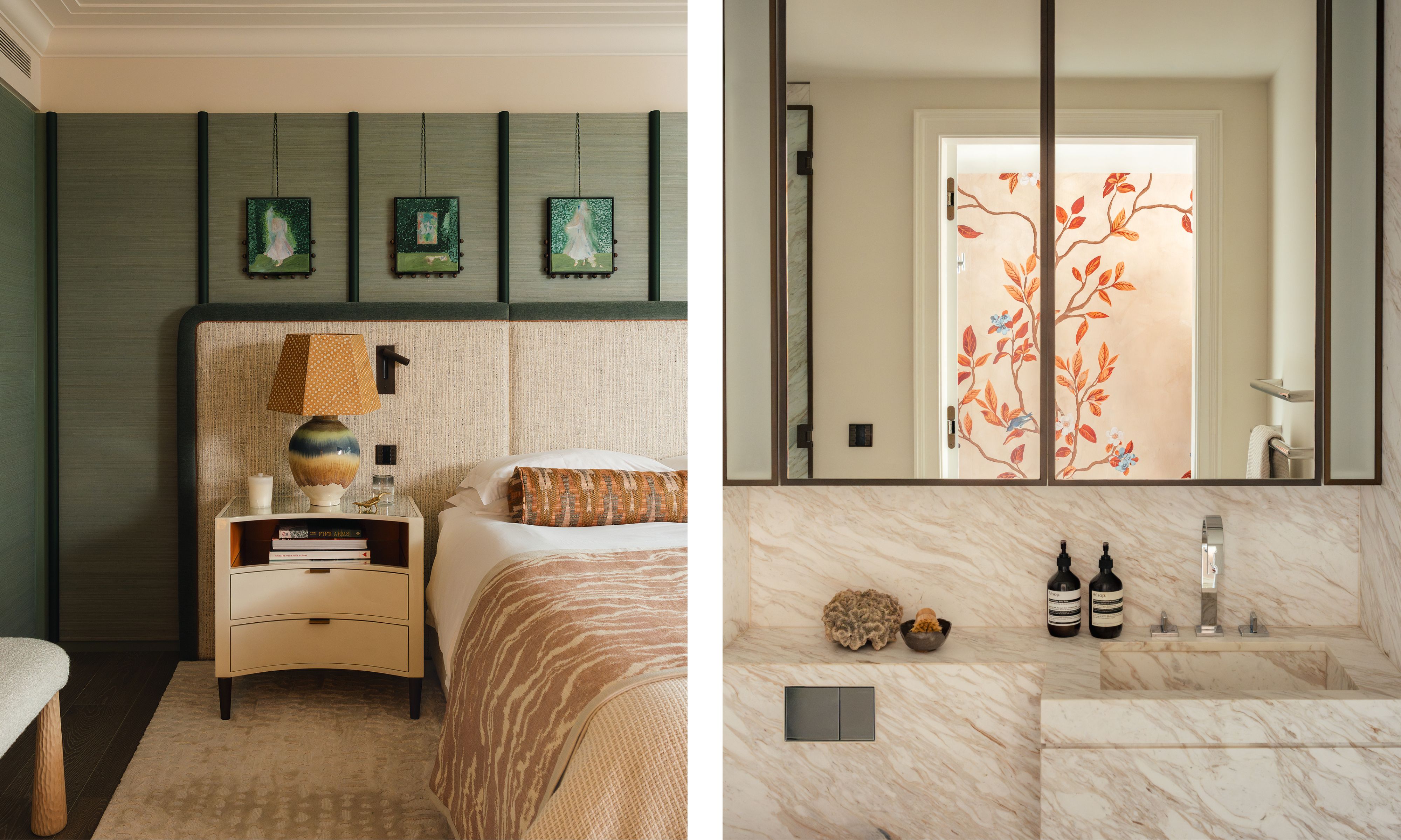 two shots next to each other, on the left a green bedroom with curved headboard, on the right, a smart bathroom with marble surfaces