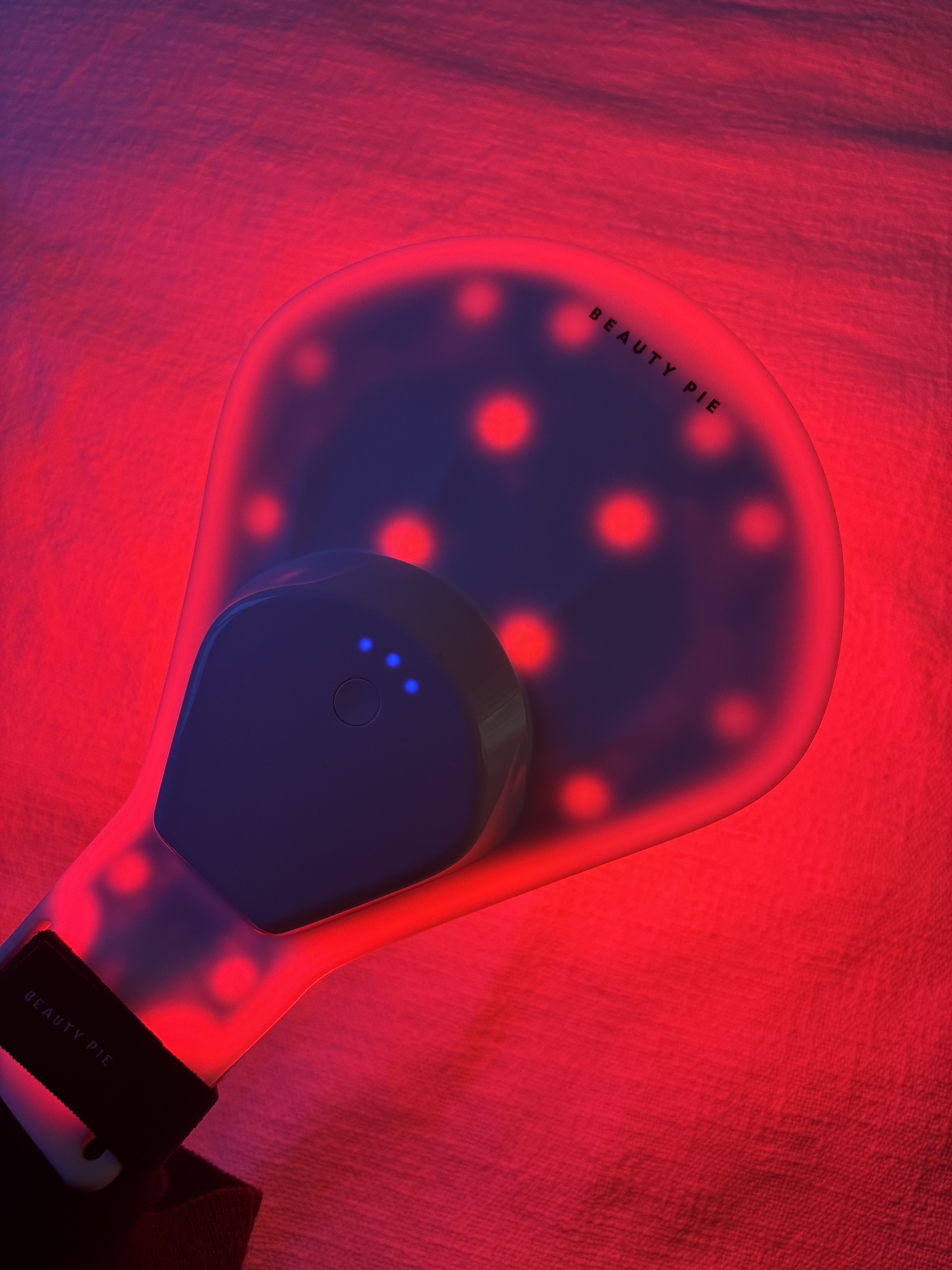 Eleanor testing the Beauty Pie hand led mask