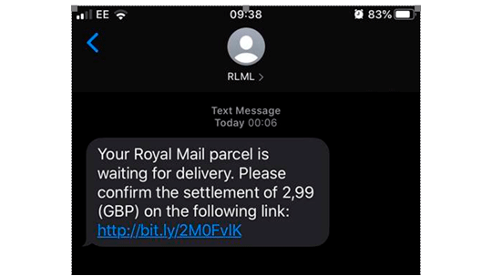 Royal Mail parcel scam text with fake payment link
