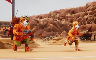 Two anthropomorphic dogs in red uniforms holding guns running in parallel with rocky cliff face in background.