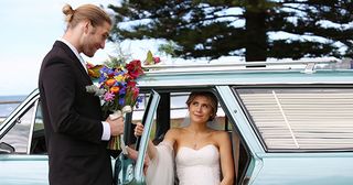 Billie Ashford and Ash Ashford arrive at her wedding to VJ Patterson in Home And Away.
