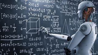 A robot with arms crossed writing advanced math on a chalkboard