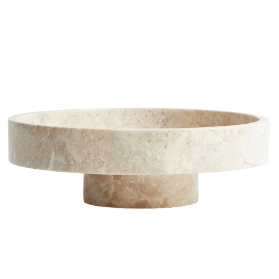 Footed Cream Marble Serving Bowl on white background