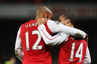 LONDON, ENGLAND - JANUARY 09: Thierry Henry of Arsenal celebrates with team mate Theo Walcott at the end of the FA Cup Third Round match between Arsenal and Leeds United at the Emirates Stadium on January 9, 2012 in London, England. (Photo by Clive Mason/Getty Images)