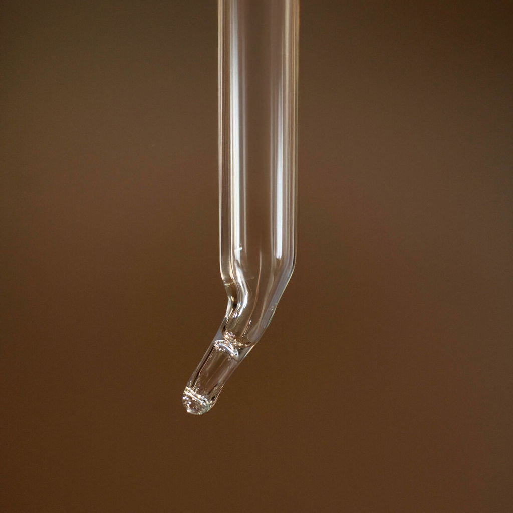 A glass dropper with clear liquid