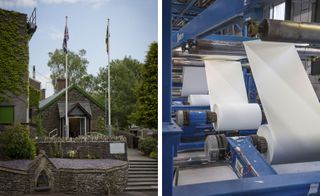 The image to the left shows a stone house, with two flag poles with flags on them high above the height of the house. The image to the right shows the production of paper on a machine. The paper is being rolled.