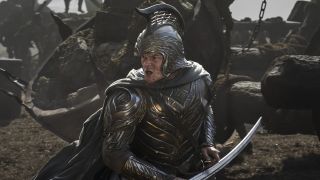 An armored Elrond seen during the Siege of Eregion in The Rings of Power season 2