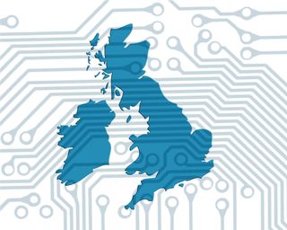 Map of UK with circuit board background