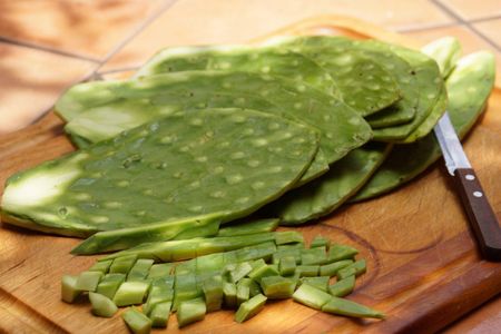 Cactus Pads On Cutting Board Getting Diced Up